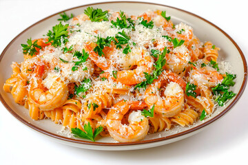 Hearty plate of spaghetti and prawns in rich tomato sauce with fresh basil and parmesan a delicious dish served on a classic white ceramic plate

