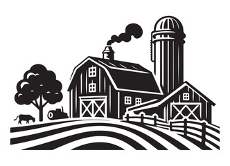 Vintage Farm Silhouette Vector Illustration Rural Agriculture Landscape Design © Creative Image  