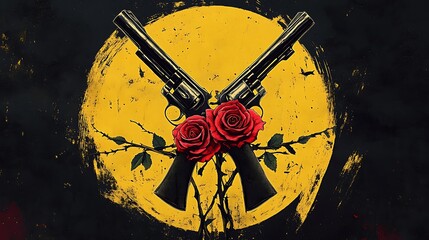 Two crossed revolvers framed by roses and a yellow circle.