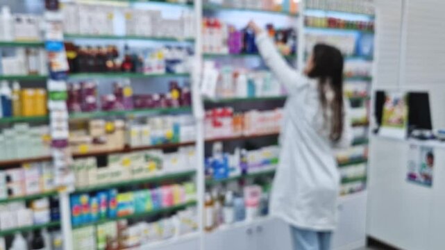 Defocused drugstore view with a young woman pharmacist working as storing the medicines on shelves. Healthcare and cosmetics industry blurred scene
