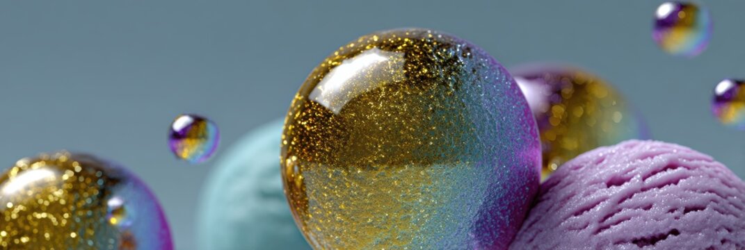 futuristic ice cream banner, d web banner with futuristic holographic ice cream elements, metallic textures, floating flavor icons, and a sleek digital backdrop - Powered by Adobe