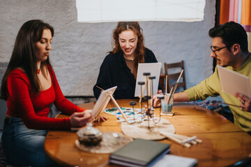 Friends gathers for an artistic session, painting and sharing moments together. Tables hold art supplies, canvases, and beverages, emphasizing creativity, and social connection in a cozy setting.