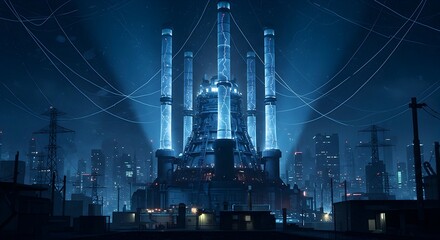 Futuristic Power Plant at Night with Glowing Blue Energy