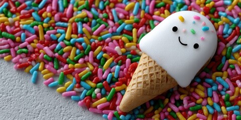 childrens stationery, kids-themed postcard with a colorful sprinkles background and a smiling ice cream emoji in one corner, with a framed area for a playful message