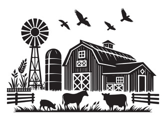 Detailed Farm Scene Silhouette Vector Graphic Rustic Agricultural Setting © Creative Image  