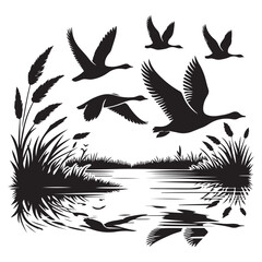 Scenic geese flying over marshland silhouette vector design element