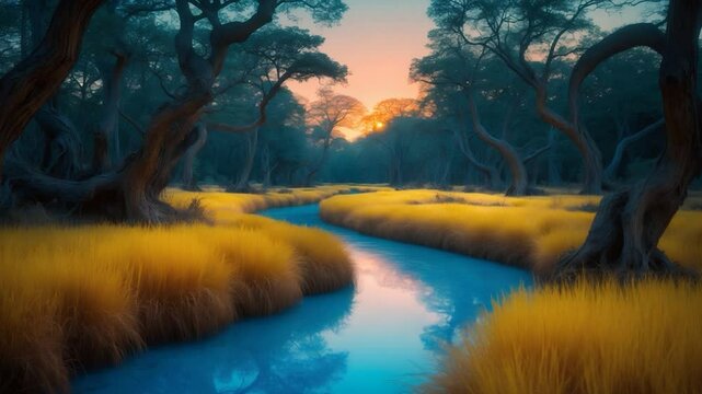 As evening descends, the forest basks in the delicate glow of the setting sun, with the orange sky mirrored in the blue river, framed by swaths of yellow grass and weathered trunks.