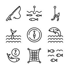 Various fishing related icon. Fishing Vector Line Icon. Catch seafood symbol. Vector Illustration. Isolated on White Background.