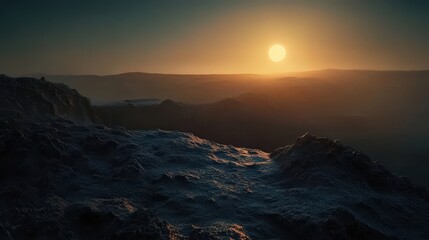 Fototapeta premium Breathtaking sunrise over a distant valley, casting golden hues across the rocky landscape and creating a serene atmosphere.