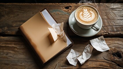 Cappuccino Break: Writer's Notebook and Steaming Coffee on Rustic Wood Mockup
