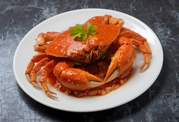 Chili Crab a Popular Seafood Dish in Singapore on White Plate AI Generated