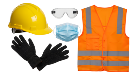 Yellow Hard Hat, Orange Safety Vest, and Protective Gear on Transparent Background