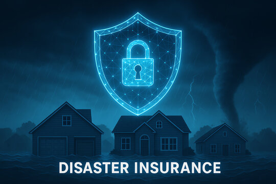 A digital illustration depicting disaster insurance with a shield and padlock, symbolizing protection for homes against natural calamities. Ideal for insurance and finance themes.