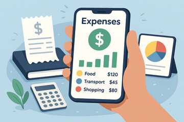 A hand holding a smartphone displaying expense tracking data