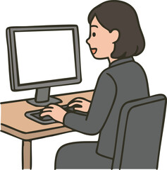 Office Woman Working on Computer at Desk – Flat Character Illustration
