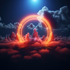 Fiery Neon Energy Ring in Dramatic Stormy Sky Over Mystical Landscape &ndash; Fantasy Sci-Fi Background. Cloud illuminated With Neon Light Ring on Dark Night Sky. Glowing Geometric Shape with Copy Space.