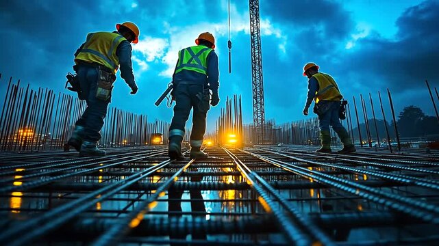 Construction workers walking on rebar grid at dusk