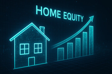 This image showcases the concept of home equity, featuring a digital house icon and an upward graph, symbolizing the increasing value of property investments over time.
