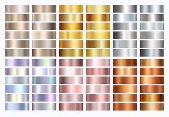 Gold rose, silver, bronze, copper and golden foil texture gradation background set. Vector shiny and metalic gradient collection for border, frame, ribbon design