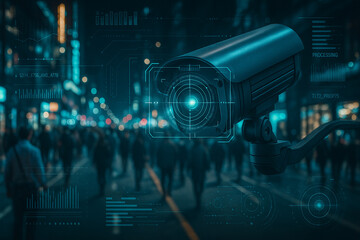 Futuristic surveillance camera with facial recognition and data interface in a smart city street, AI technology and security system