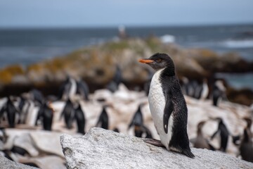 Obraz premium Gentoo penguin standing on rock with ocean view and colony in background during daylight at coastal location