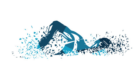 Crawl swimming style. Male swimmer, abstract blue isolated vector illustration, swim silhouette