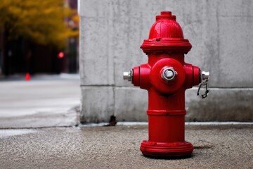 Bright red fire hydrant stands against a city sidewalk near a building on a clear day