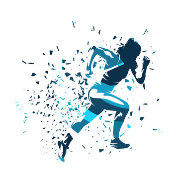 Run, athletics, running woman with distortion effect, female sprinter clipart, abstract blue isolated vector silhouette, side view