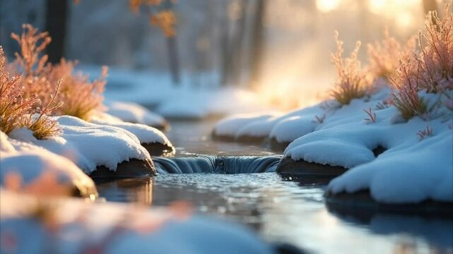 Winter stream flowing between snowy rocks at sunrise, seamless looping 4k time-lapse animation video background