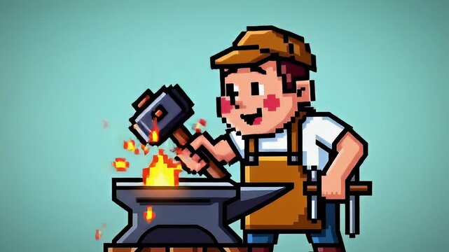 Pixel Art Blacksmith Man Crafting Metal with Hammer and Anvil Forge on Light Blue Background