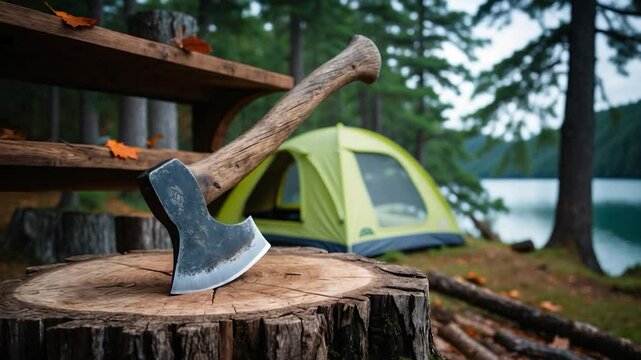 An old axe situated on a stump against a shelf backdrop. Theme: picnic, tourism. Close-up video.