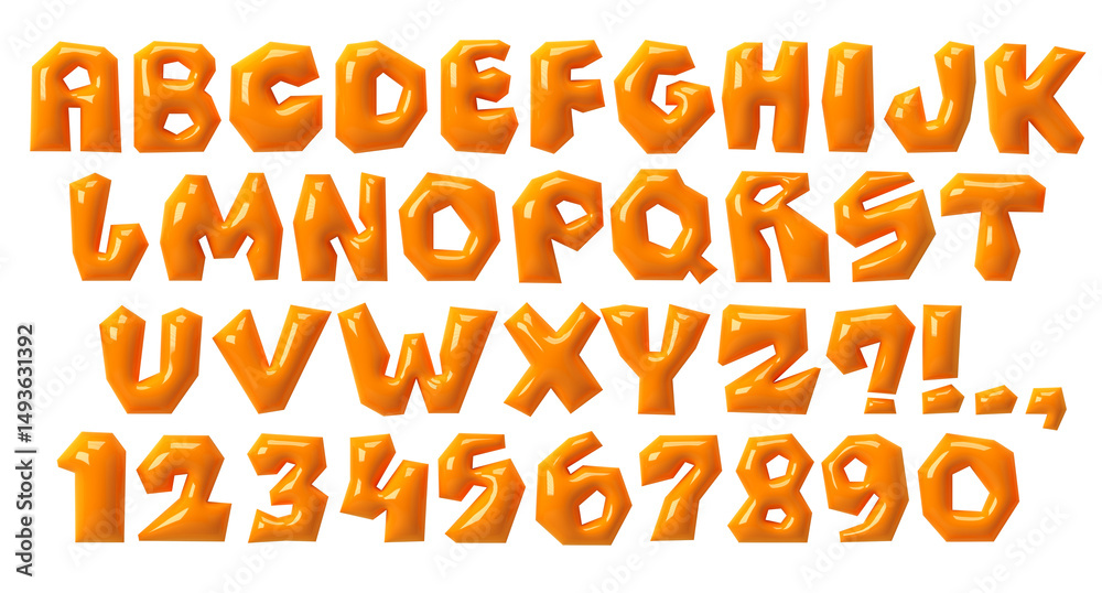 Fototapete bold bubble font. 3d orange plastic typescript. y2k alphabet. inflatable letters and numbers. three-