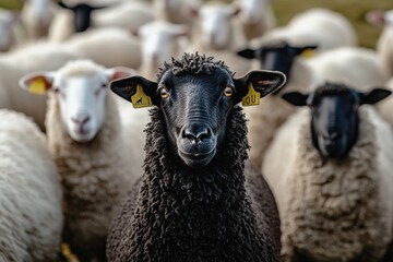 Fototapeta premium Black sheep stands out among a herd of white sheep in a lush green pasture during daylight hours