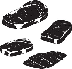 Delicious grilled steaks variety cuts black and white illustration