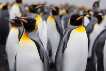 Group of king penguins gathered together on the rocky shore in a cold, coastal environment during the day