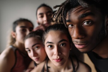 Diverse group of young dancers posing closely together in a modern studio setting during a rehearsal session