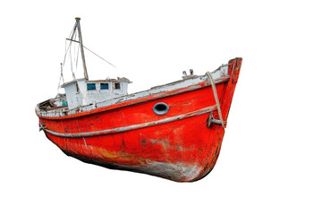 Naklejka premium Abandoned red fishing boat, weathered and worn