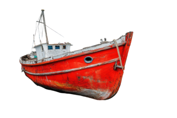 Abandoned red fishing boat, weathered and worn