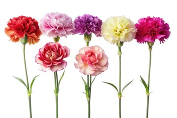 Obraz premium A colorful array of carnation flowers with long stems against white background