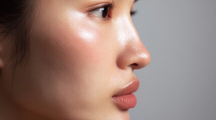 Captivating profile of a young woman showcasing healthy skin and natural beauty in soft lighting during a studio portrait session
