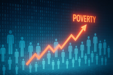 A digital representation of rising poverty levels, illustrated by an upward graph and the word 'POVERTY' highlighted in red against a backdrop of binary code.
