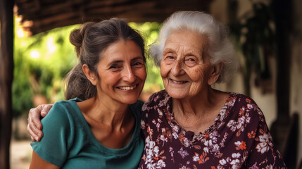 Obraz premium Smiling woman and elderly lady share a joyful moment in a lush garden during a sunny afternoon visit