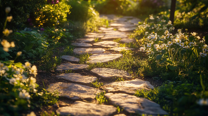 Obraz premium Stone garden path with blooming white spring flowers and lush greenery in golden sunlight