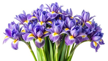 A beautiful arrangement of purple irises with yellow highlights on a white background