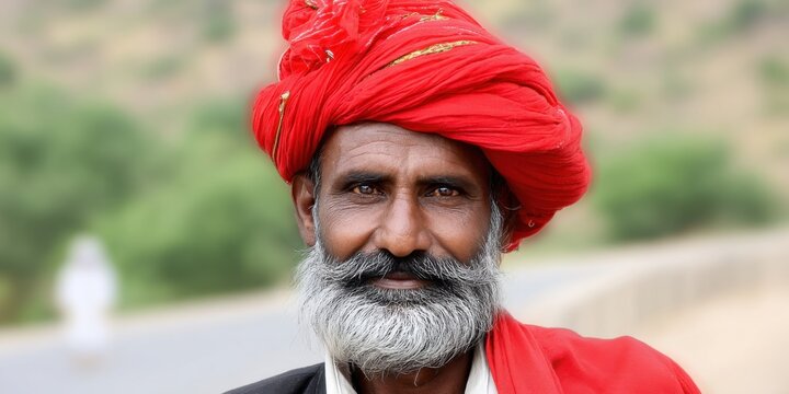 Mustached man wearing a red turban poses in the countryside during daytime with greenery in the background