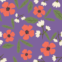 Trendy floral seamless pattern. Simple red and beige daisy. Spring flower template for packaging, postcards, textile printing, wallpaper. Hand drawn illustration isolated on white background