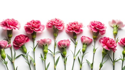 A beautiful top view of pink carnations arranged in a row on white