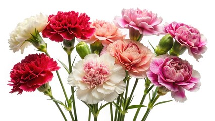 Obraz premium Beautiful and colorful assortment of carnation flowers isolated on a white background