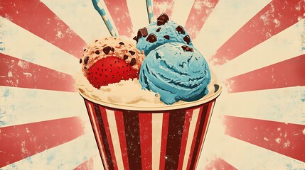 Retro ice cream sundae in striped paper cup.