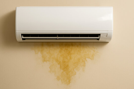 Wall-mounted white air conditioning unit leaking water and causing brown stains and damage on the beige wall below&mdash;representing HVAC malfunction, maintenance issues, water damage, mold risk